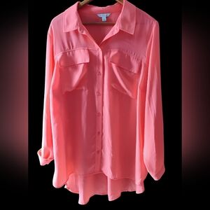 Boutique Vibrant Coral Button-Down Shirt With Roll Tab Sleeves. Sz 1X